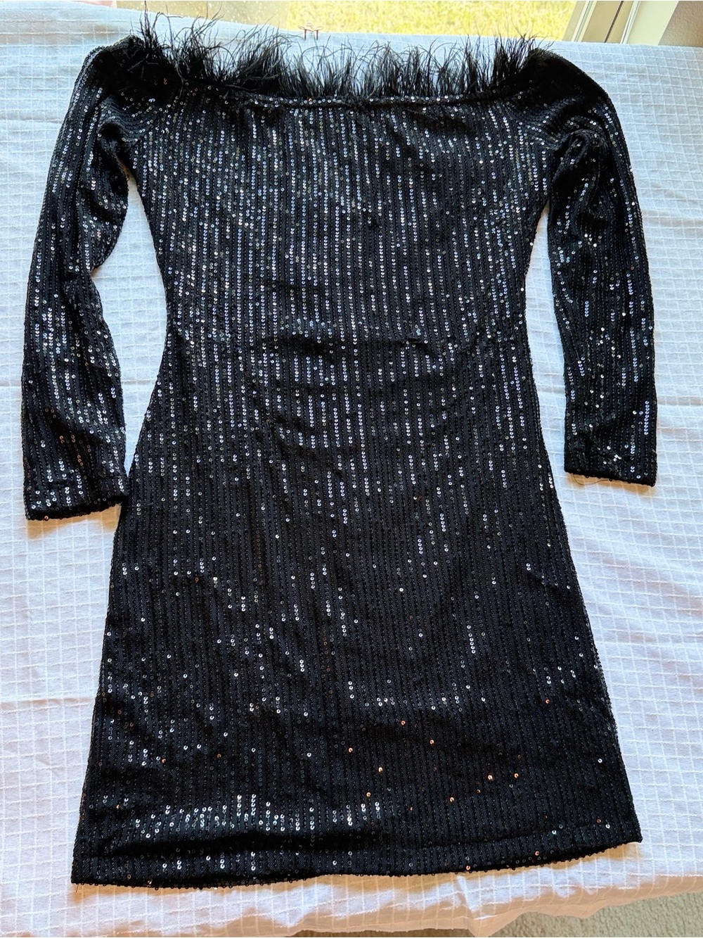 Black Sequin Off-Shoulder Feather Trim Dress